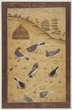 an old painting with birds on the ground