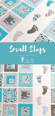 Modern blue baby boy quilt with baby footstep applique. Baby Boy Quilts Ideas Free Pattern, Baby Boy Applique, Modern Baby Quilt Patterns, Baby Quilt Tutorials, Fusible Applique, Modern Baby Quilt