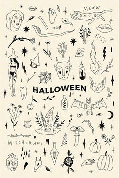 an image of halloween doodles on paper with the words, witches and other symbols