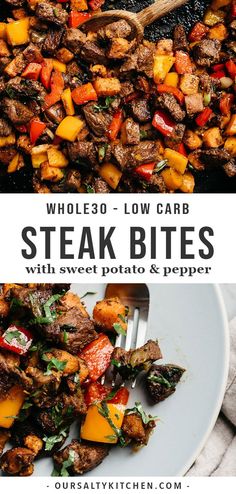 steak bites with sweet potato and pepper on a white plate next to a wooden spoon