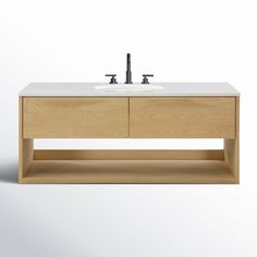 a bathroom sink sitting on top of a wooden shelf next to a faucet