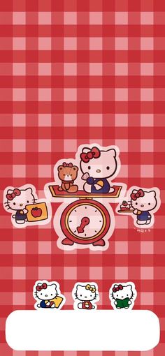 hello kitty stickers are on the red and white checkered tablecloth