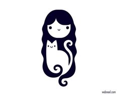 a girl with long hair and a cat on her back is in the shape of a woman's head