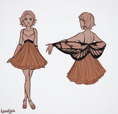 a drawing of a woman in a dress with butterfly wings on it's back