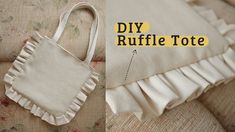 a white ruffled tote bag with the words diy ruffle tote on it