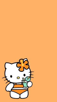 a hello kitty wallpaper with an orange bow holding a drink in it's hand