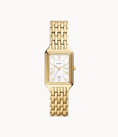 Raquel Three-Hand Date Gold-Tone Stainless Steel Watch - ES5220 - Fossil Rectangle Watch, Gold Watches Women, Pink Watch, Fossil Watch, Fossil Watches, Three Hands, Gold Case, Women's Watch, White Dial