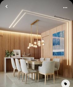 a modern dining room with wood paneling and white chairs