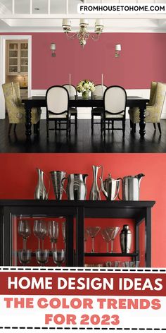 a dining room with red walls and white chairs, the color scheme for 2012 is pink