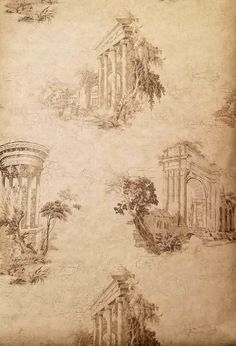 four drawings of ancient ruins and trees