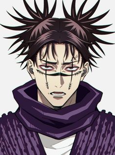 an anime character with black hair and piercings on his head, wearing a purple coat