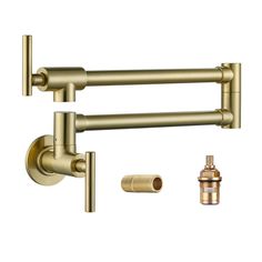 the brass faucet and shower head are shown