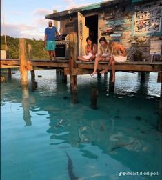 two people are sitting on a dock with sharks in the water behind them and one man is standing