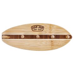 a wooden surfboard with the word hot dog on it's side and two holes in the bottom