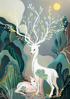 two white deer standing next to each other on a forest covered with trees and plants