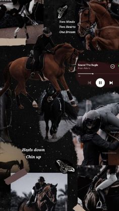 a collage of horses and jockeys jumping over each other in the air with words above them