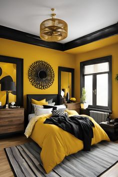 a bedroom with yellow walls and black accents