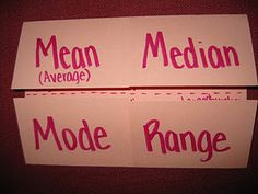 two pink stickers with the words mean average and mode range written in red on them