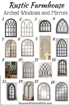 various arched windows and mirrors are shown in different styles, sizes and colors to choose from