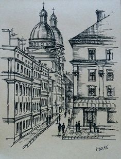 an ink drawing of people walking down the street in front of some buildings and dome tops