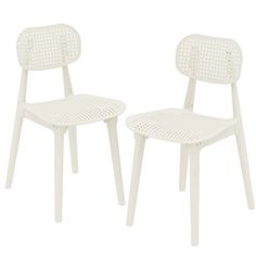 two white plastic chairs sitting next to each other