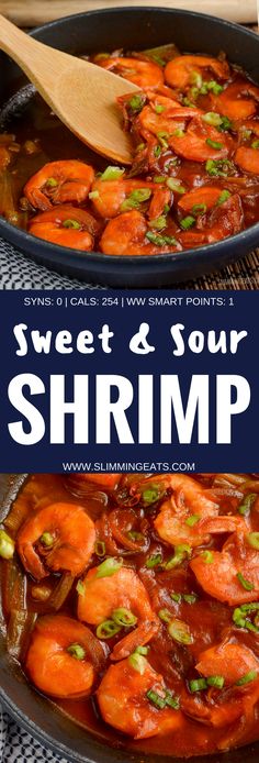 sweet and sour shrimp in a skillet with text overlay