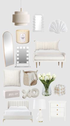 white furniture and accessories are arranged in the shape of a bed, dresser, mirror, vase