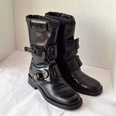 Super Rare Hard To Find Tom Ford Collaboration Black Leather Moto Boots. Pre Owned With Some Flaws. ** All Buckles Are Broken Or Missing *** Need To Be Replaced. *** Sold As Is ** Additional Velcro Fastening Semi-Square Toe Mid Calf Height Rubber Sole Leather In Good Conditon Please Review All Pics Questions? Leave A Comment Below! Leather Moto Boots For Motorcycling, Black Moto Boots For Winter Riding, Black Moto Boots For Winter, Black Biker Moto Boots For Outdoor, Black Winter Moto Boots, Black Winter Moto Boots For Riding, Moto Leather Boots For Motorcycling, Winter Moto Boots For Motorcycling, Winter Riding Black Moto Boots