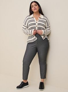 FIT Model is 5'9” wearing size 12. High-rise. Slim through the hips and thighs. . Comfort Flex Waist: Super stretch, soft band that reduces rubbing and back gap. Tapered leg hits just above the ankle. . Inseams: 25” short, 27” regular, 29” tall. MATERIALS + CARE Studio Luxe Woven fabric: An ultra soft, luxurious suiting fabric with a tailored drape and a hint of stretch for comfort and ease. . Stretch Level: Minimum. . 68% polyester, 28% rayon, 4% spandex. . Machine wash cold. Tumble dry low. . Trendy Plus Size Fashion, Trouser Pocket, Suiting Fabric, Cute Pants, Fun Pants, High Rise Pants, Torrid Dresses, Tapered Pants, Slim Waist