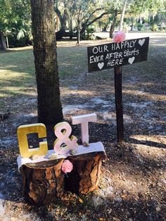 a sign that says our happy ever after birth next to a tree stump with flowers