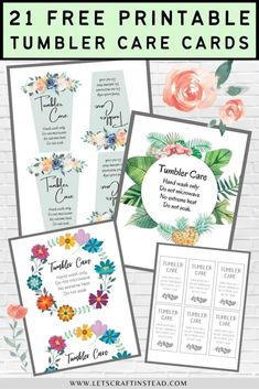 two free printable tumbler care cards with flowers and leaves on the front, one is