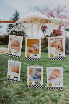 baby pictures hung on a line with feathers