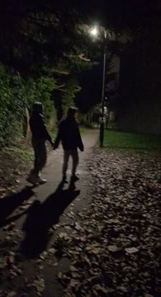 two people walking down a leaf covered path at night