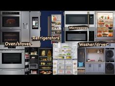 there are many different refrigerators and ovens in this photo