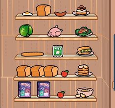 the shelves are filled with different types of food