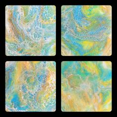 four square coasters with different colors and patterns on the top one is blue, green, yellow, and white