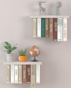 two shelves with books and a small globe on one shelf, each holding several books