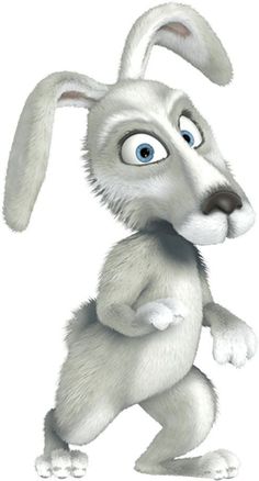 a cartoon bunny with blue eyes and big ears, standing in front of a white background