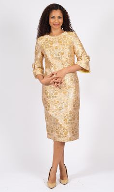 Diana 8827 Gold brocade dress Gold Brocade Dress, Designed Clothes, Church Dresses For Women, Women Appreciation, Fashion Network, Brocade Dress, Outfits Woman, Church Dress, Dress Colors