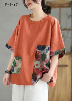 Women Orange O Neck Print Patchwork Linen T Shirt Top SummerFabric: Cotton 45%, Linen 55%Size & Fit: Fit: This garment fits true to size.Length: Size XL measures 25.35"from shoulder to hemBust: Great for any cup size. Waist: Loose Fit. Comfortable room throughout midsection.Hip: Loose Fit - room for hips. Hand Wash Cold. Tunik Linen, Linen T Shirt, Loose Dress Pattern, Oversize Casual, Linen Tshirts, Linen Maxi Dress, Top Summer, Summer Fabrics, Blouse Fabric