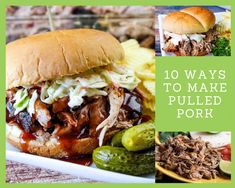 an image of pulled pork sandwich with pickles on the side and other food items