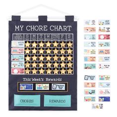 a bulletin board with several different types of reward cards attached to it and the words, my chore chart