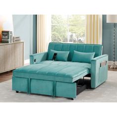 a living room scene with focus on the sofa bed and storage compartment for the pull out recliner