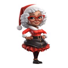 a cartoon girl dressed as santa claus with glasses and a skirt, standing in front of a white background