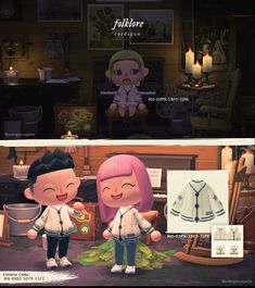 two cartoon characters standing next to each other in front of a table with candles and pictures on it