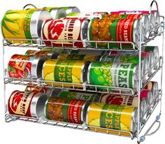 three tiered spice rack holds cans of canned food and drinks, with wheels on each side