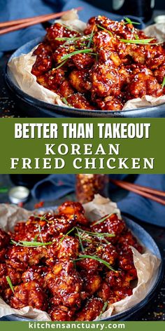 two plates filled with fried chicken on top of each other and the words, better than takeout korean fried chicken