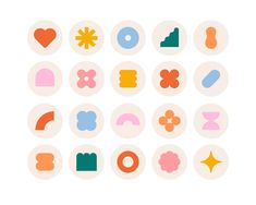 an assortment of different shapes and sizes on a white background, including hearts, circles, flowers, stars, dots