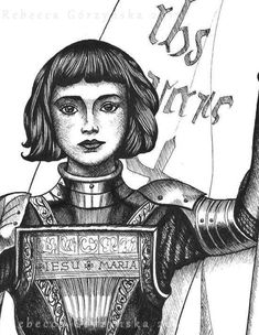 a black and white drawing of a woman in armor holding a flag with the words