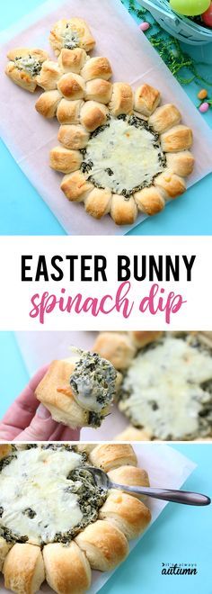 an easter bunny spinach dip recipe is shown in this collage with text overlay